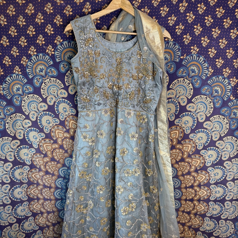 Elegant Blue and Gold Embroidered Dress